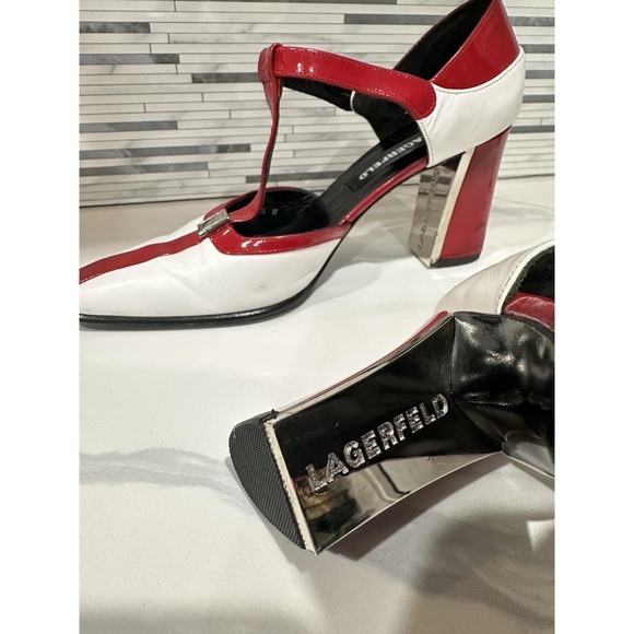 Karl Lagerfeld Red & White T-Strap Heels Square Toe Block Heel Designer Shoes - Picture 3 of 5